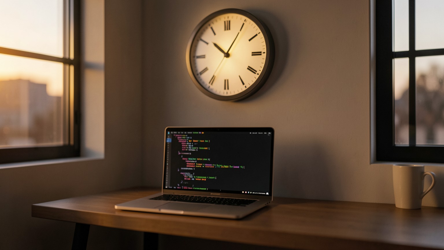 A dimly lit desk at dusk with a glowing analog clock on the wall above a laptop showing code, evoking the pressure of a ticking usage-limit window