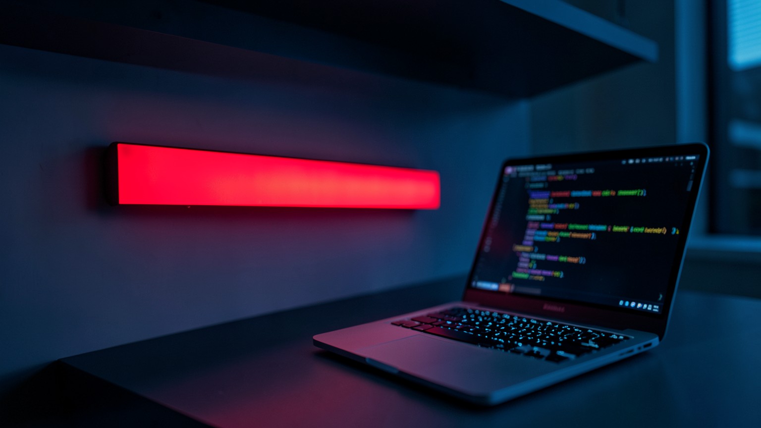 A dark desk with a horizontal LED strip glowing fully red end-to-end above a laptop showing code, evoking a maxed-out usage counter