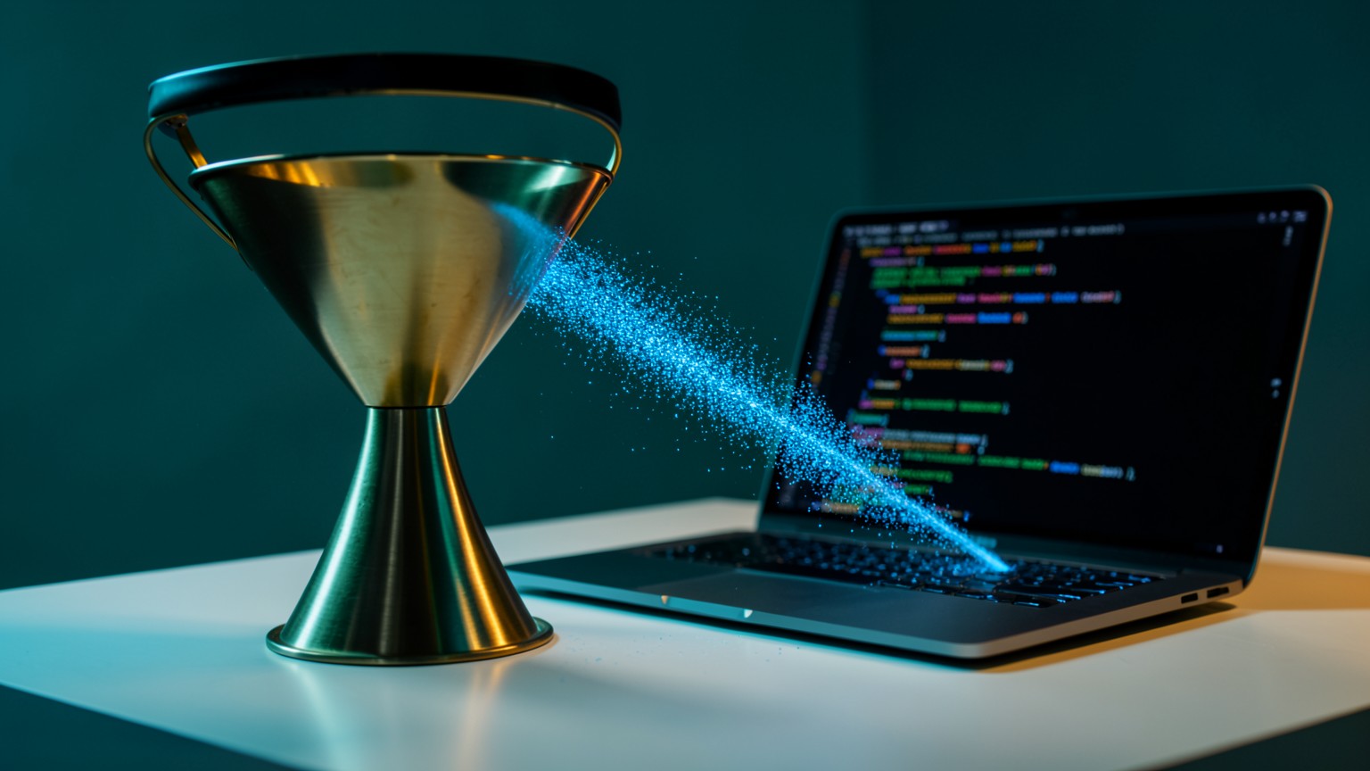 A brass funnel on a desk catching a wide cascade of glowing blue particles and narrowing it into one thin stream flowing into a laptop showing code