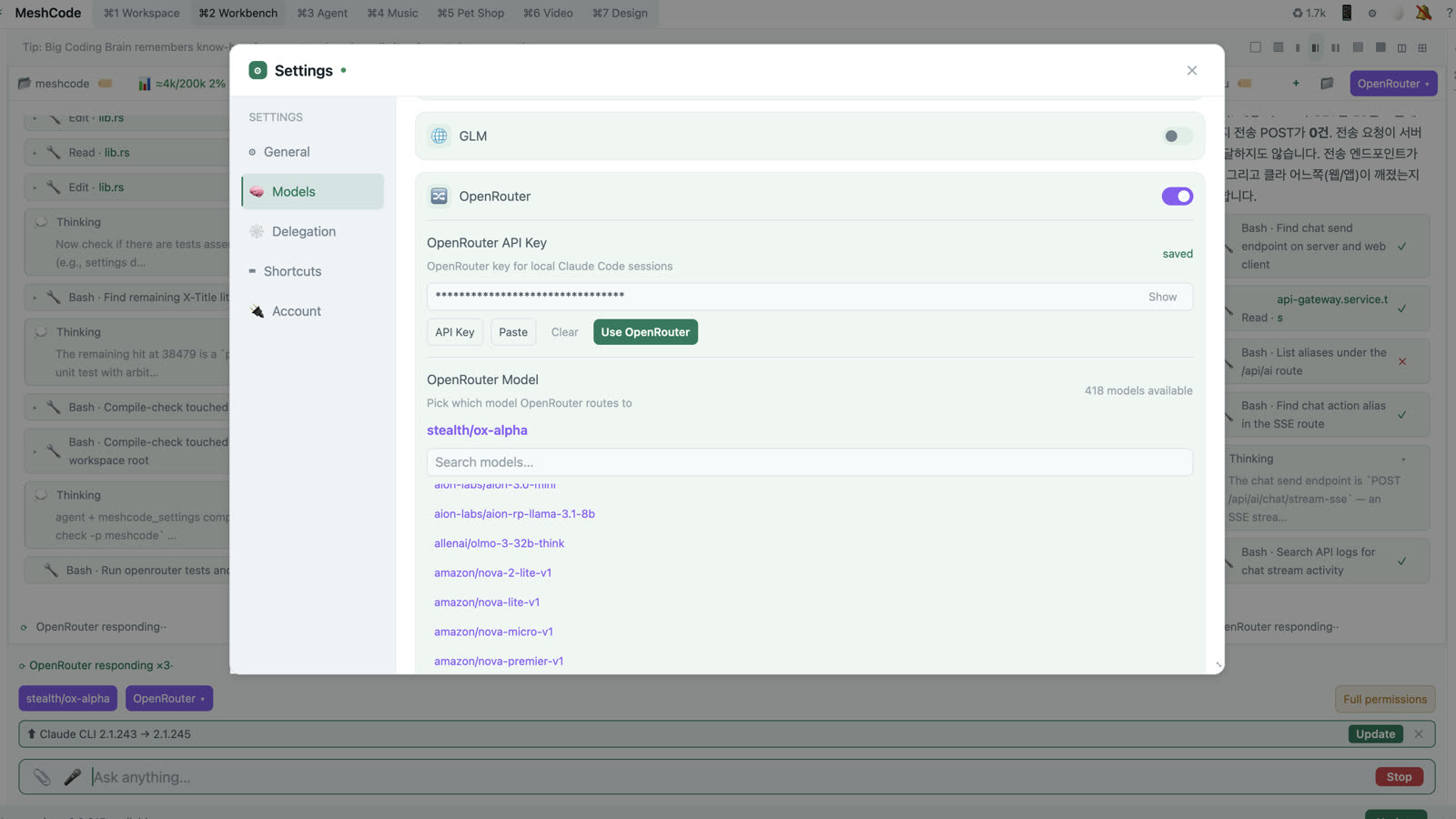 MeshCode settings screen with the OpenRouter provider enabled and the stealth/ox-alpha model selected from a 418-model picker